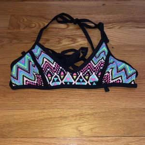 Black strappy, color block pattern bikini top